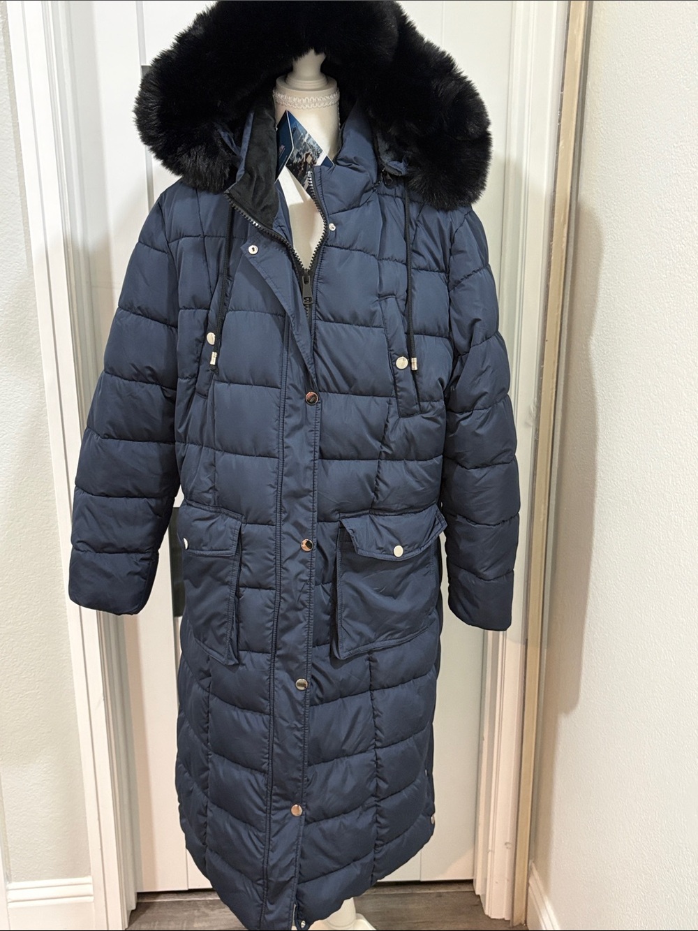 Long Navy Puffer Coat with Faux Fur Hood